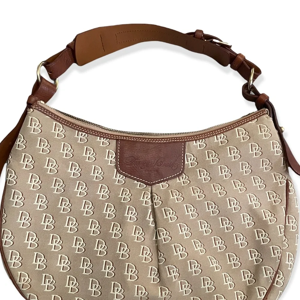 Dooney and Bourke Luisa Monogram Canvas and Leather Trim Hobo Bag in Tan